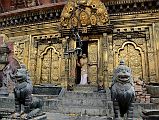 
In front of the Lakshmi Narayan Temple at the far left corner is an 8C statue of a six-armed Vishnu Vikrantha athletically jumping with his legs wide apart. The six-armed dwarf was transformed into a giant capable of crossing the universe in three steps.
